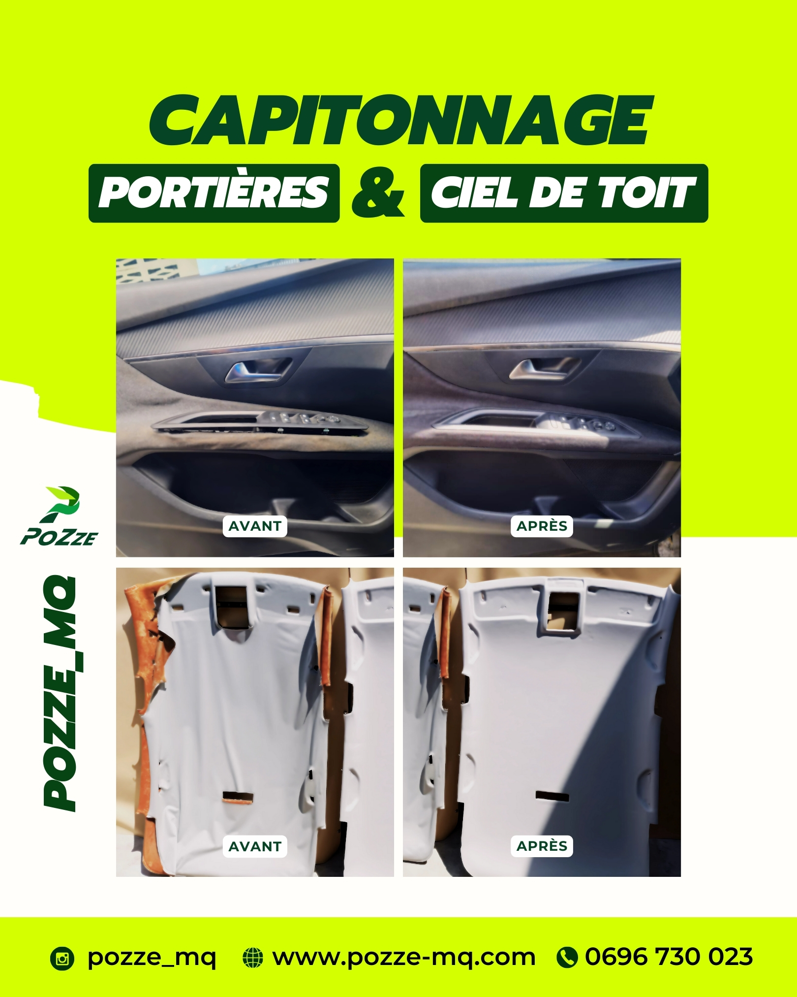 Capitonnage voiture martinique - renovation ciel de toit - portieres - siege auto - atelier mobile pozze en martinique